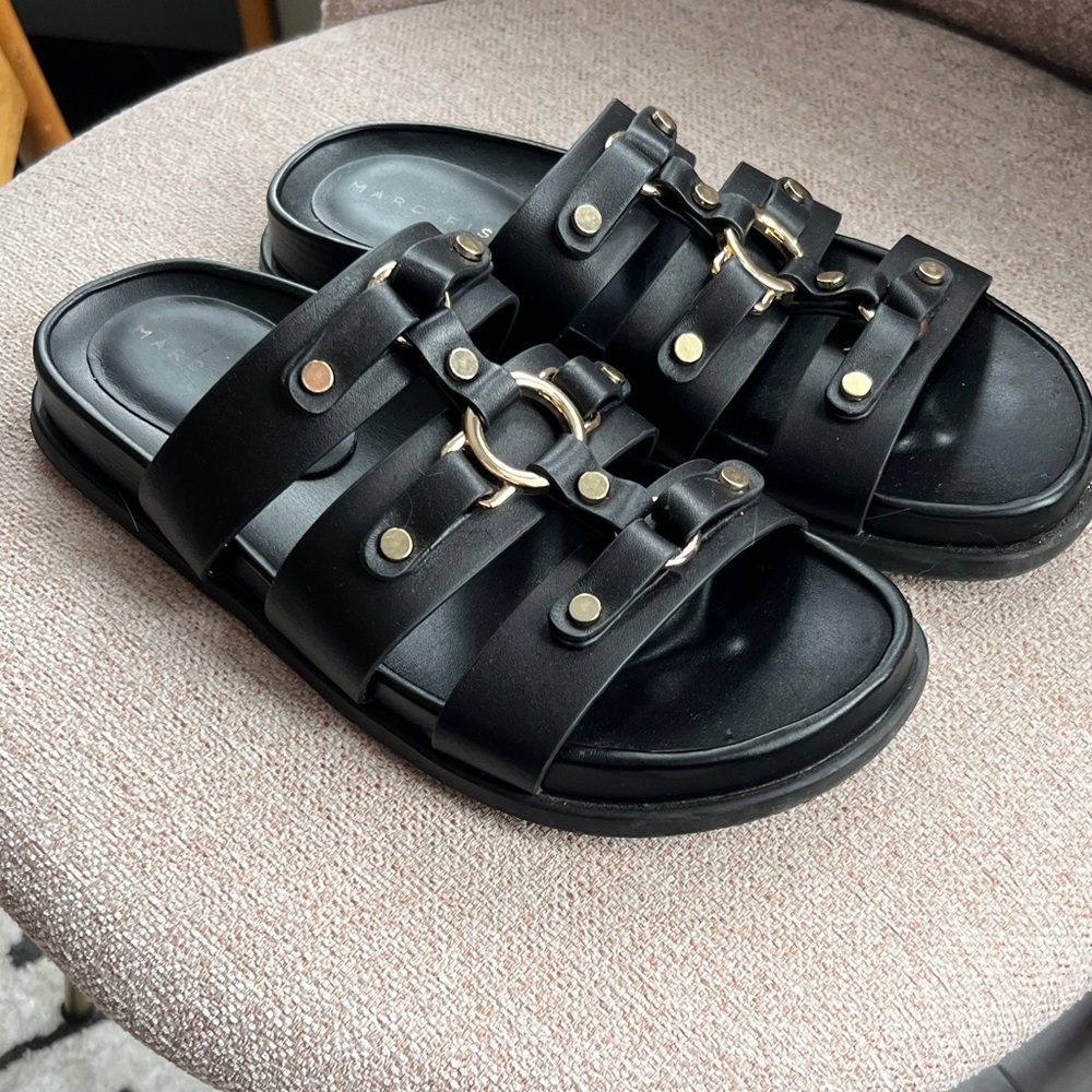 Marc Fisher Black Strappy Sandals with Gold stud Accents